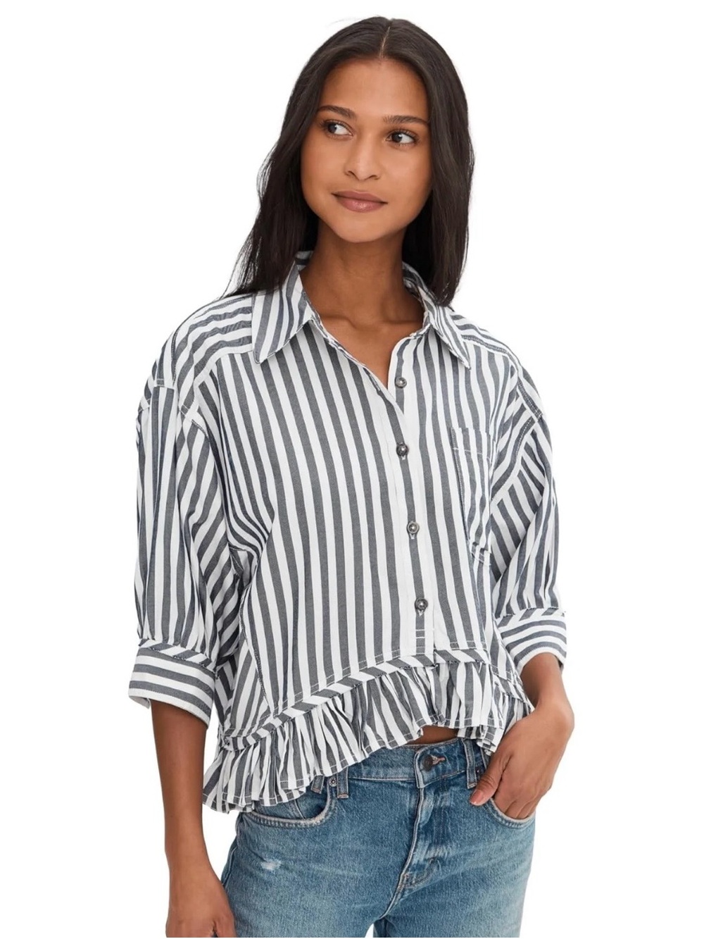 Free people women’s size M we be free Bailey stripe blouse with ruffle hem